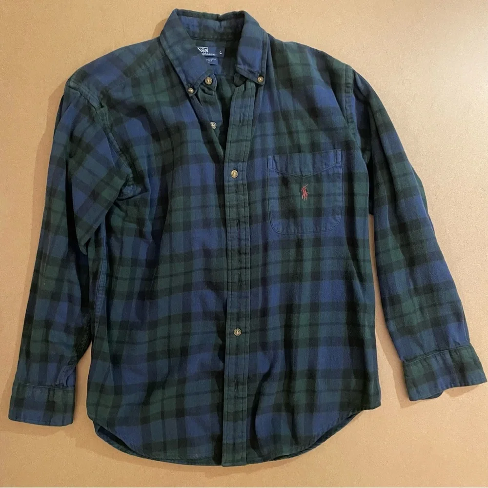 Polo by Ralph Lauren Green and Blue Plaid Button Down Flannel Long Sleeve Shirt